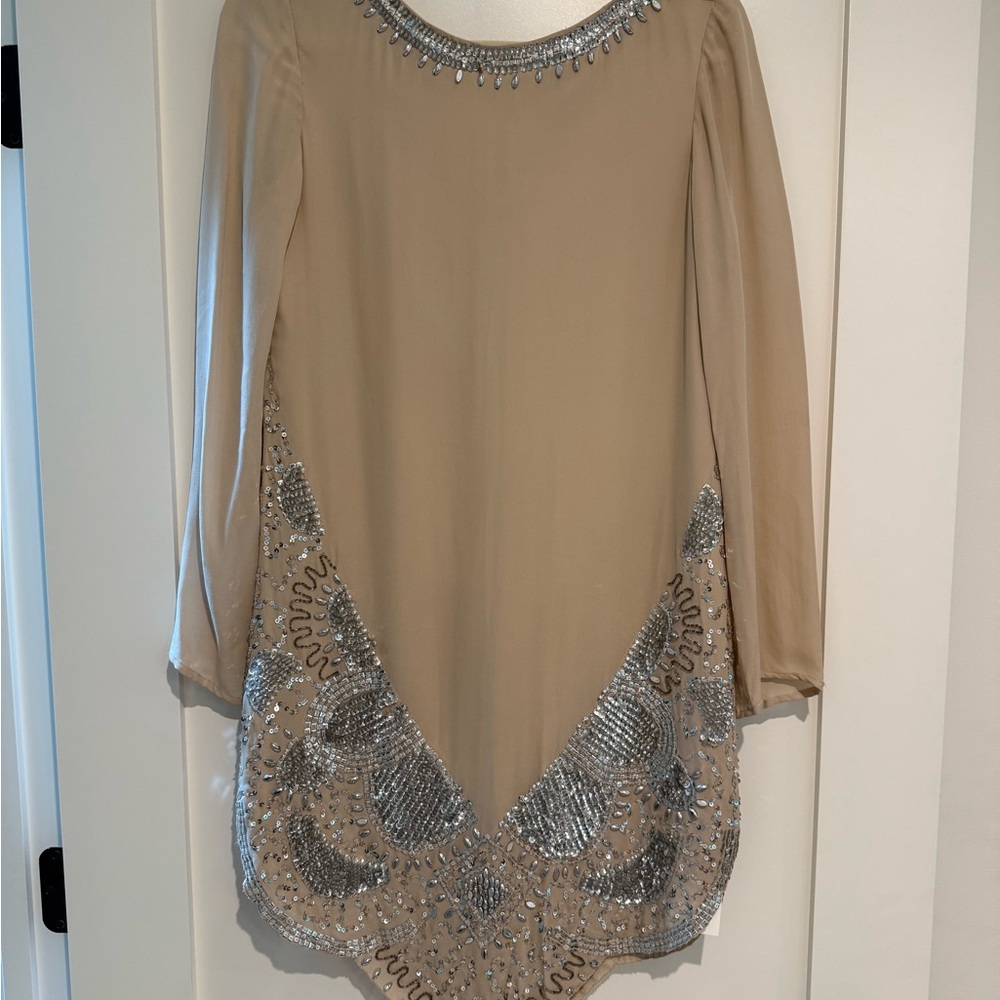 Elegant Beige and Silver Embellished Dress